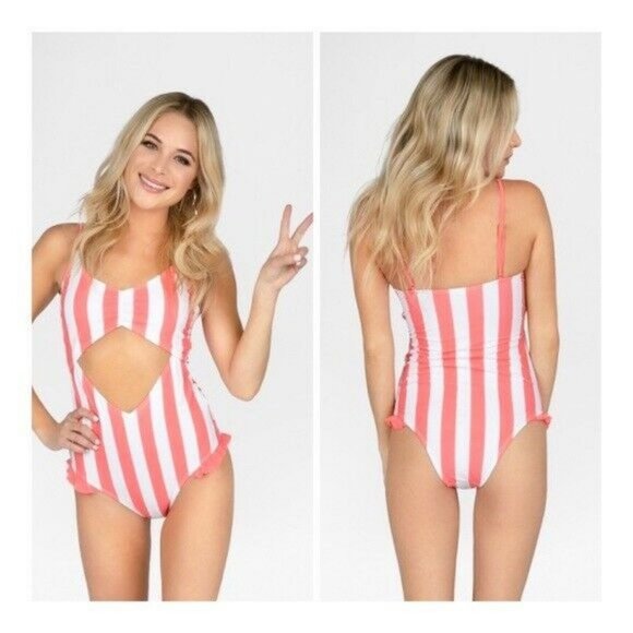 Sugar Coast Lolli Swim Swimsuit size XL Coral White Striped Cutout One Piece NWT - Picture 1 of 4